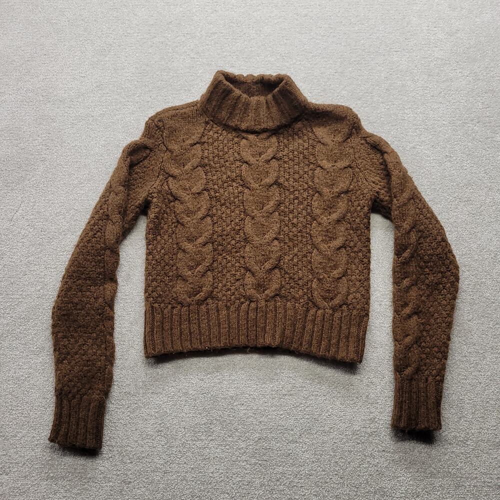 American Eagle Womens XS Brown Cable Knit Turtleneck Sweater Chunky Cropped Y2K